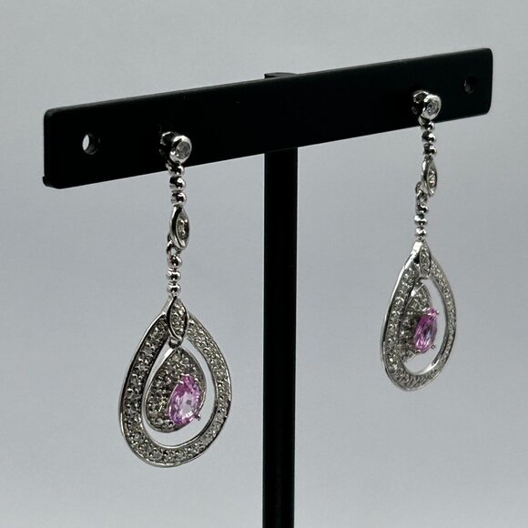 14k White Gold with .25ctw Pear Cut Pink Sapphire & Pave Diamond Dangle Earrings - Picture 7 of 7